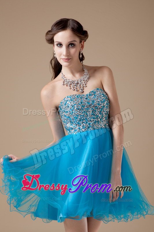 Mini-length Teal A-line Strapless Organza Prom Gown with Beads